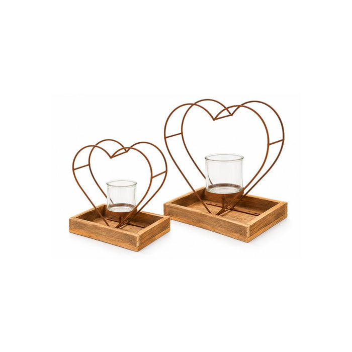 Set 2 Cuori in Corten con Portacandela in Vetro e Base in Legno – Racconti d’Autunno